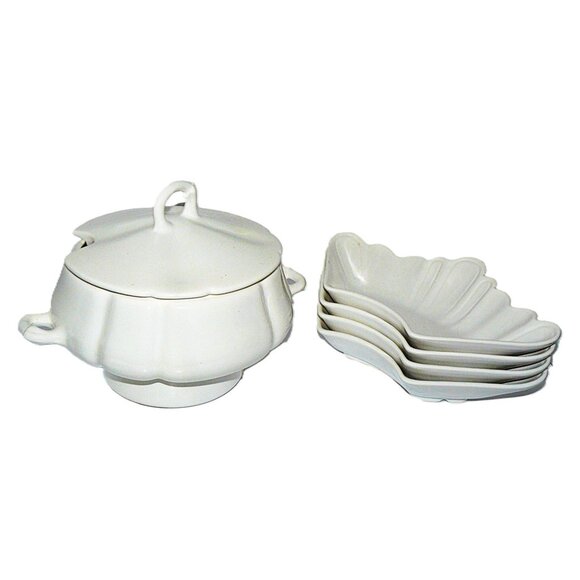 Vintage California Pottery Soup Tureen & 4 Shell Dishes Set White - Picture 2 of 9